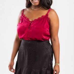 Red lace camisole with satin buttons